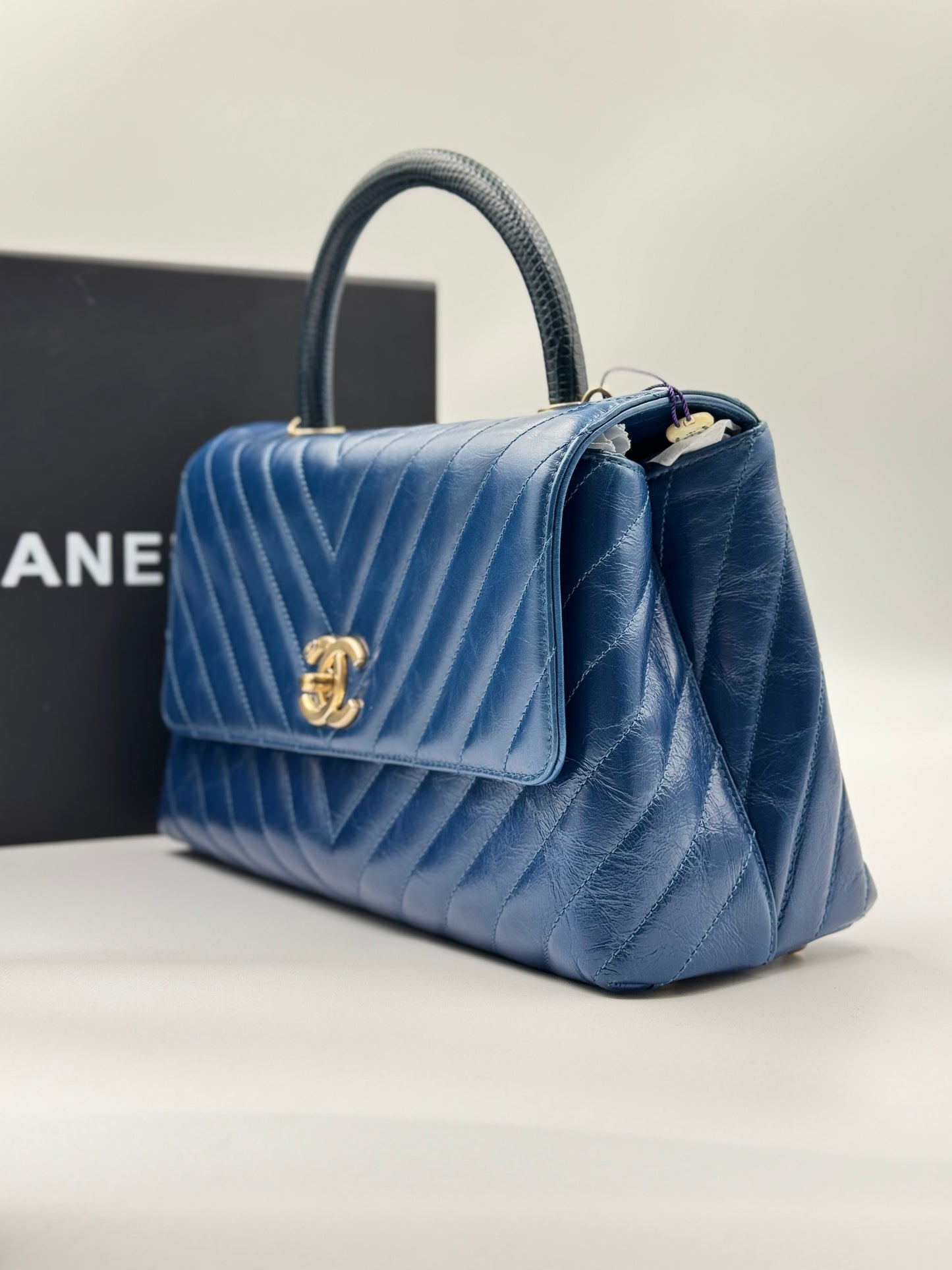 CHANEL Medium Coco Handle Blue Chevron Bag Gold Hardware